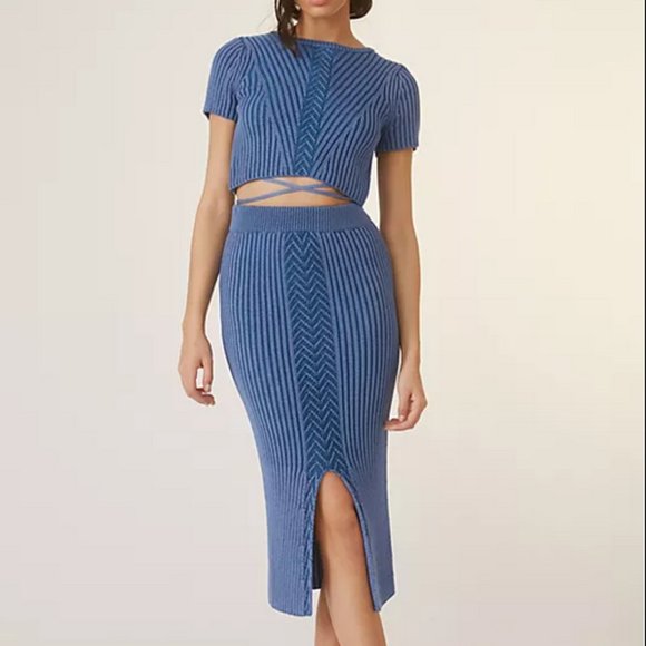 Anthropologie S NWT 2 Piece Blue Knit Midi Skirt Set Sweater Top Skirt - Picture 2 of 6